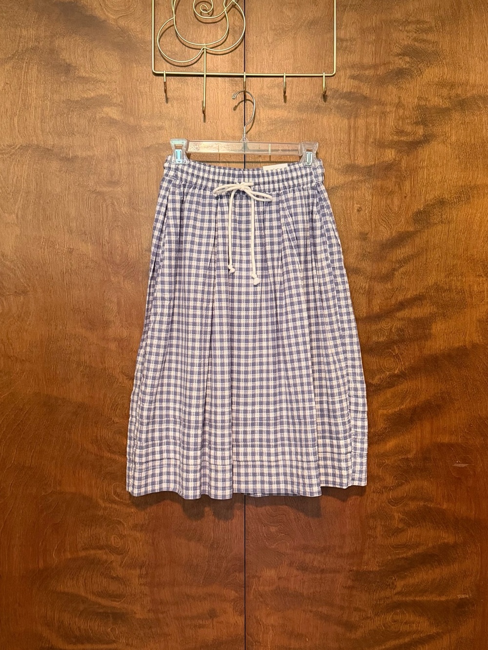 Free Assembly Pintuck Skirt w/ Drawstring Tie Womens XS Blue Gingham Pull On NWT